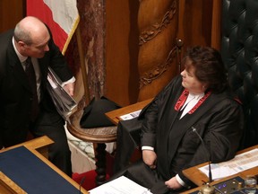 B.C. Finance Minister Michael de Jong, left, with Speaker of the house Linda Reid: Vaughn Palmer's 'death trap tours' could be at risk if the armoury in Victoria isn't repaired.