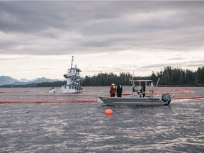 The tugboat Nathan E. Stewart lies submerged at the mouth of the Seaforth Channel near Bella Bella.