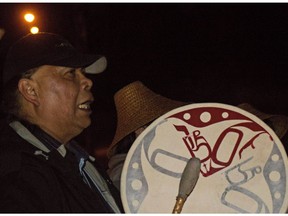The raising of a new totem pole later this year in Kitimat, on British Columbia's North Coast could finally remove an irritant between the local First Nation and the district. A member of the Haisla First Nation drums at a celebration following the announcement that Kitimat, BC, had voted No on the Northern Gateway project.