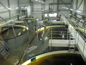Aquaculture tanks in Leroy's aquaculture plant in Hitra Bay, west of Trondheim, Norway.