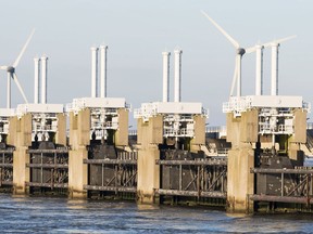 Barrier at the mouth of the Oosterschelde river to protect Holland from hig sea levels. On a smaller scale, something similar might be needed to protect False Creek from a future of rising water levels.