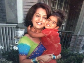 Photo of a three year-old Maya in a tight hug for her late mother Manjit Panghali.