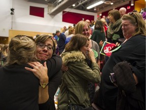 Parents hug and wipe away tears of joy after the Richmond School Board voted against any school closures on Oct. 11, 2016.