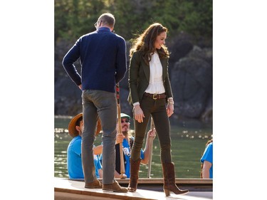 Prince William, Duke of Cambridge and Kate, Duchess of Cambridge disembarks from a Haida war canoe, in Skidegate, BC, September, 30, 2016.