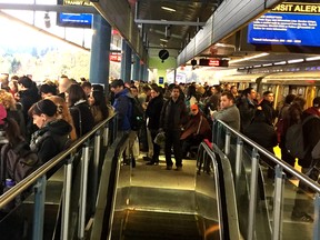 Skytrain commuters are dealing with delays and cramped quarters at Production Way Station.