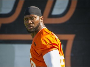 Veteran B.C. Lions fullback Rolly Lumbala at a team practice in Surrey in September 2014.