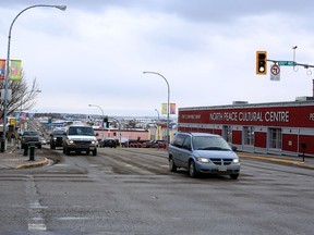 The intersection of 100th Street and 100th Ave. in downtown Fort St. John, the town at the centre of the downturn in B.C.'s oil and gas sector, which is hoping for an economic boost from BC Hydro's $8.8-billion Site C dam construction project.