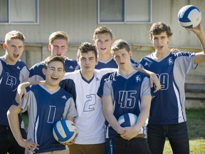 Langley Fundamental Titans senior boys volleyball players who have been together since elementary school and are ranked No. 1 in BC double A this week.  Left to r: Jordan Goh, Mohammad Fadaie, Zechariah Johnson,      (rear ) left Max Heppell,  Brendan Gill , Philip Stahl, Jacob Dewolf (r)