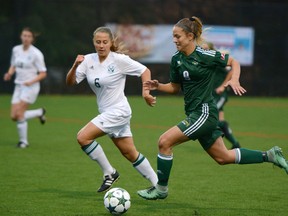 Fraser Valley Cascades' forward Monika Levarsky (right) drives past Jamie Pasemko of the Alberta Pandas during a Canada West match played Oct. 1 in Abbotsford.
