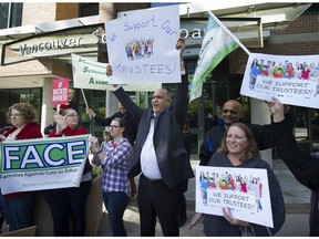 Vancouver   B.C.  May 4, 2016    Concerned teachers and representatives from many other school district employee, parent, and community groups joined together to show their support for Vancouver School Board trustees in their fight against government underfunding. in Vancouver on May 4, 2016    Mark van Manen /PNG Staff photographer   see Tracey Sherlock Vancouver Sun /Province  /News    and Web. stories.   00043047A [PNG Merlin Archive]