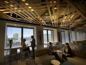 The Whitelaw Twining law offices in Vancouver have eliminated many corner offices and added more communal workspaces. Here, staff can relax and chat in a new lounge area.