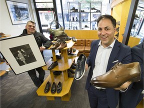 Carmen D'Onofrio (right) at his family's Commercial Drive shoe store. He is pictured with long-time friend Nick Pogor (holding a photograph of Carmen's parents), who is executive director of the Commercial Drive Society.