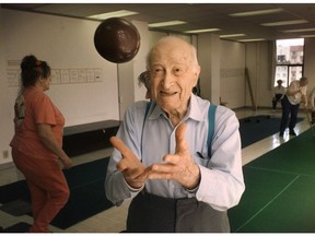 VANCOUVER BC- LIFE IS VERY MUCH UP.... for 101 yr. old Joe Vannini who carpet bowls regularly at the 411 seniors Centre in downtown Vancouver.  Joe orignially came to Canda in 1919 and has done everything from logging to horseshoeing...   Mark van Manen/Vancouver Sun.     [PNG Merlin Archive]