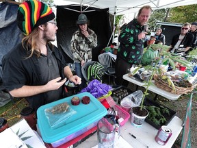 Dave Hill (third from left) in action at a cannabis protest stand on Renfrew St and E Hastings St, in Vancouver, BC., October 9, 2016.