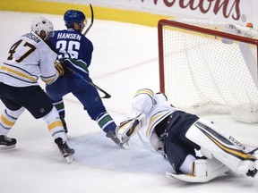 Vancouver Canucks right wing Jannik Hansen (36) scores on Buffalo Sabres goalie Robin Lehner (40) as Buffalo Sabres defenseman Zach Bogosian (47) looks on during second period of NHL action in Vancouver, B.C. Thursday, Oct. 20, 2016. This was Hansen's 100th career NHL goal.