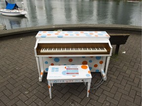 The Polka Dot piano was one of Vancouver's public pianos in 2013. Five upright pianos that can't hold their tune are in need of new homes after Kelowna's wet weather played havoc with the city's Pianos in the Park program.