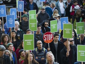 Students attend a rally organized by VSB unions in support of fired Vancouver School Board trustees outside the VSB offices.