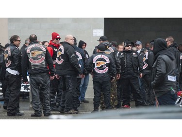 Friends and associates of Hell Angels' Bob Green arrive at Fraserview Hall for a memorial service in Vancouver.