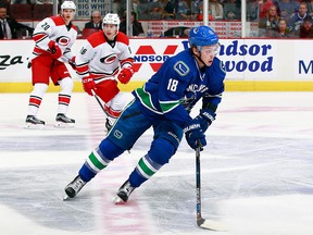 Jake Virtanen of the Canucks skates up ice during their NHL game against the Carolina Hurricanes at Rogers Arena October 16, 2016 in Vancouver, British Columbia, Canada.