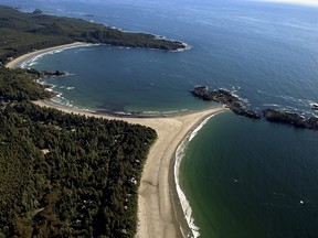 An aerial view of Chesterman Beach in Tofino.