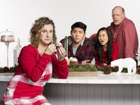 Cast members from  the Arts Club's The Day Before Christmas, from left, Jennifer Clement, Daren Dyhengco, Julie Leung, and Andrew Wheeler.