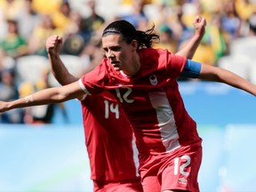 Christine Sinclair of Canada celebrates after scoring against Brazil during the Rio 2016 Olympic Games women's bronze medal football match Brazil vs Canada, at the Arena Corinthians Stadium in Sao Paulo, Brazil on August 19, 2016.