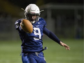 BURNABY November 04 2016.  Notre Dame Jugglers #9 Steve Moretto gestures after scoring a touchdown against the Vancouver College Fighting Irish in a AAA Varsity football game at the 60th Annual Archbishop's Trophy Game at the Burnaby Lakes complex Burnaby, November 04 2016. ( Gerry Kahrmann  /  PNG staff photo)  ( Prov / Sun Sports ) 00046120A Story by Howard Tsumura [PNG Merlin Archive]