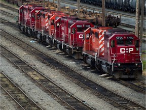 Canadian Pacific Rail locomotives sit idle at the company's Port Coquitlam yard east of Vancouver, B.C., on May 23, 2012.