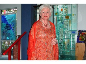 2016 Handout. 'Mary Filer on her way to the B.C. Glass Arts Association awards in 2006, Choklit Box, circa 1983, in background, laminated float, textured and antique glass.'  Photo: M.E. Linardic For Tracy Sherlock books pages.  [PNG Merlin Archive]