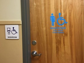 Most schools in the Maple Ridge - Pitt Meadows School District in B.C. have gender-neutral bathrooms but this one at the Samuel Robertson Technical Secondary School in Maple Ridge has a unique sign on its door.