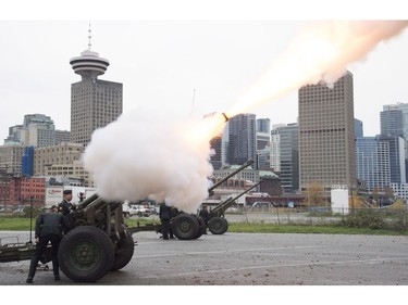 A cannon is fired off during the 21 gun salute during Remembrance Day celebrations in Vancouver, B.C. Friday, Nov. 11, 2016.