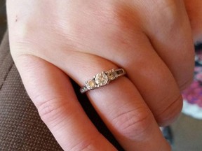 A manager of the Earls restaurant in the southern interior city of Kamloops, B.C., says this gold and diamond engagement ring was found in a booth on Oct. 11. To claim it, the owner will have to identify a custom message on it.