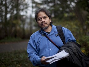 Sanctuary-seeker Jose Figueroa speaks during a press conference in front of the Fraser Building, Faculty of Law, at the University of Victoria in Victoria B.C., Monday, November 28, 2016 prior to a federal court hearing examining CBSA decision labelling him a terrorist.