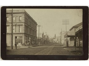 Bailey and Neelands photo of Cordova Street, 1889. This was Vancouver's main shopping street at the time A.J. Marks issued his challenge to cart around the winner of a bet of the 1888 US presidential election around in a wheelbarrow.