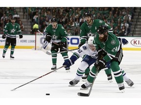 Vancouver Canucks' Bo Horvat (53) pressures Dallas Stars' Jordie Benn (24) as he tries to clear the puck during the second period of an NHL hockey game, Friday, Nov. 25, 2016, in Dallas.