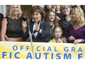 British Columbia Premier Christy Clark uses a giant pair of scissors to cut a ribbon at opening of the GoodLife Fitness Family Autism Hub on Wednesday.