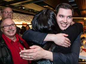 Federal Liberal Terry Beech (right) celebrates his parliamentary victory in Burnaby-North Seymour in last year’s election. The rookie MP, who issued a short news release Wednesday saying he’s reserving comment on his government’s decision, represents the riding where Kinder Morgan’s Westridge Marine Terminal exports oil via tanker ship.