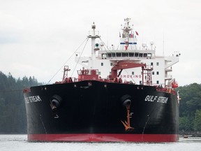 An oil tanker gets set to dock at Kinder Morgan's Westridge Marine Terminal in Burnaby.