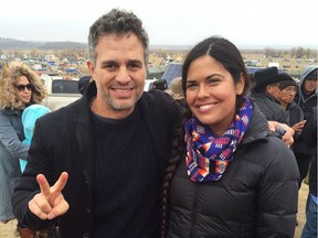 Tara Houska, indigenous lawyer and protest leader against the North Dakota Access Pipeline, poses for a photo with Hollywood actor and fellow anti-pipeline activist Mark Ruffalo after a rally in North Dakota in October.
