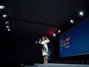 B.C. Premier Christy Clark gestures while delivering a keynote address at the B.C. Liberal Party convention, in Vancouver on Sunday. British Columbians head to the polls for a provincial election May 9, 2017.