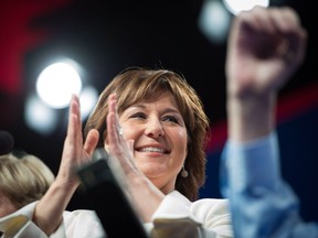 Premier Christy Clark applauds as she's joined on stage by party candidates before delivering a keynote address at the B.C. Liberal Party convention in Vancouver on Sunday.