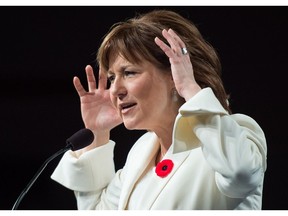 British Columbia Premier Christy Clark gestures while delivering a keynote address at the B.C. Liberal Party convention, in Vancouver on Sunday, Nov. 6, 2016. British Columbians head to the polls for a provincial election on May 9, 2017.