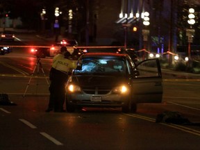 Two pedestrians were struck by a van on Blanshard Street, between View and Yates streets in Victoria on Tuesday night. The windshield of the van was heavily damaged in the collision.