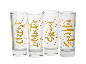 Gold-trimmed shot glasses from Indigo. $22.50 for a set of four, indigo.ca.