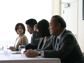 Ichiro Fujisaki, former Japanese ambassador to the United States, in foreground speaks at UBC's Sage Bistro as part of the "Walk in Canada, Talk on Japan" event on Oct. 28, 2016.