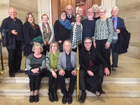BCTF president Glen Hansman, seated on right, outside the Supreme Court of Canada entrance with retired teachers and their spouses who travelled to Ottawa for the Supreme Court hearing and decision.