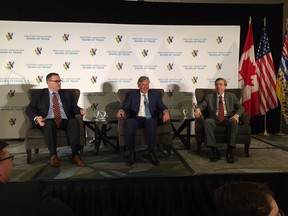 Two former U.S. and Canadian ambassadors spoke at the Greater Vancouver Board of Trade on Friday, Nov. 18 about a Donald Trump presidency. From left, moderator and former Conservative MP and minister James Moore,  Gary Doer, the former Manitoba premier and ambassador to the U.S. under Barack Obama, and , Gordon Giffin, the former U.S. ambassador to Canada under Bill Clinton.