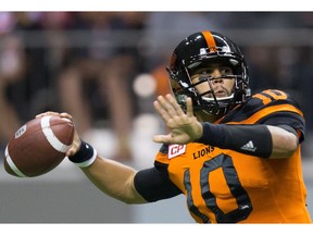 B.C. Lions' quarterback Jonathon Jennings passes against the Montreal Alouettes during the second half of a CFL football game in Vancouver, B.C., on Friday September 9, 2016.