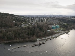 The Kinder Morgan Trans Mountain expansion project's Westeridge loading dock, at right with green tanks, is seen in Burnaby in November 2016.