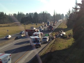 Westbound traffic was stopped on Highway 1 in January after a truck flipped into the ditch.